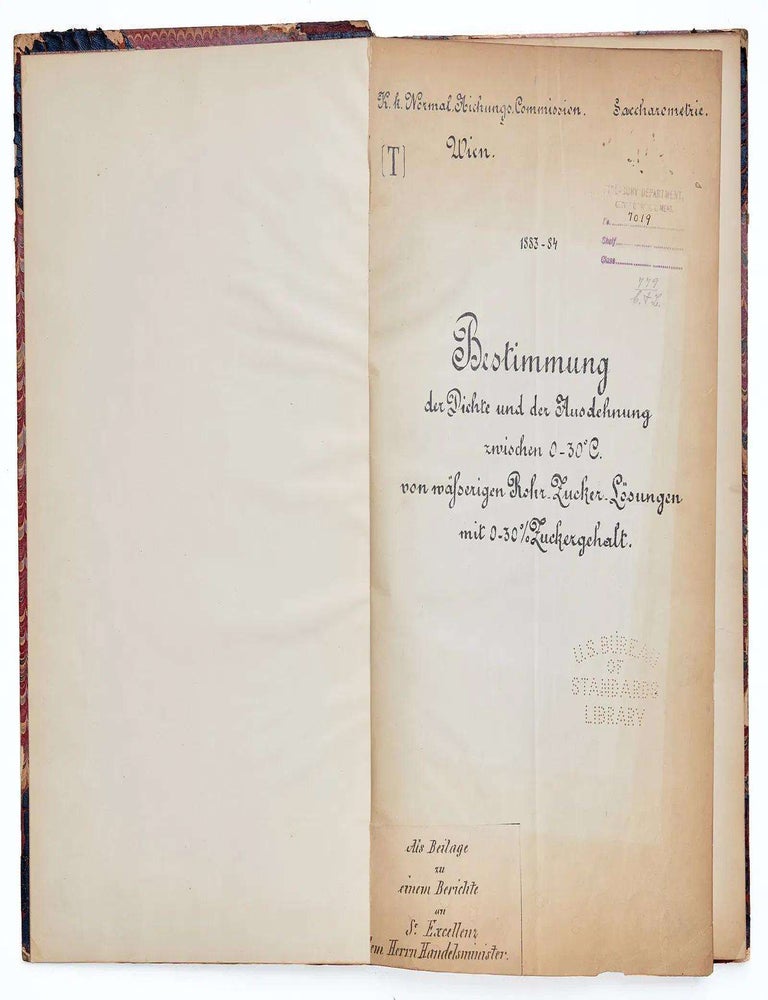 Item #ABE-1747759290589 Bestimmung der Dichte und der Ausdehnung Zwischen zwischen 0-30 oC von wa&szlig;serigen Rohr Zucker L&ouml;sungen mit 0-30% Zuckergehalt (Als Beilige zu einem Berichte an Se Excellenz dem Herrn Handelmeister)